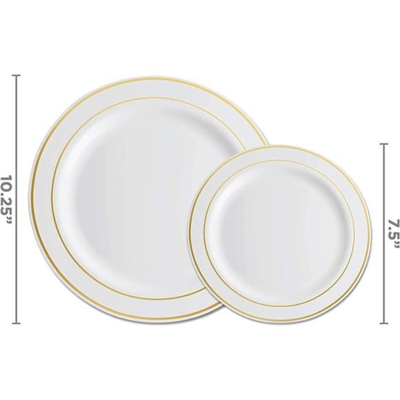 125 Piece Gold Dinnerware Party Set-50 Gold Rim Plastic Plates, 25 Dinner Plates - Picture 2 of 6